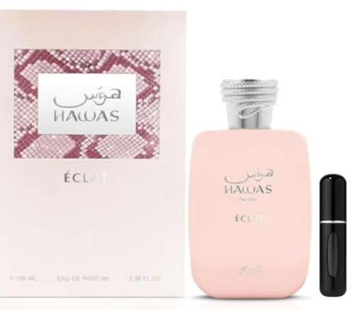 Perfume Árabe Hawas Éclat Eau de Parfum para Mujer 100 ml – Fragancia Oriental Floral Luminosa + Atomizador Recargable