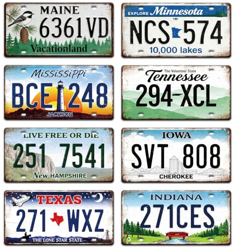 GLOBLELAND 8 Pcs Vintage License Plate Sign Sets 11.8x5.9 inch Retro Metal Tin Signs License Famous Scenery Metal Car Signs for Man Cave Club Bar Cafe Home Decor