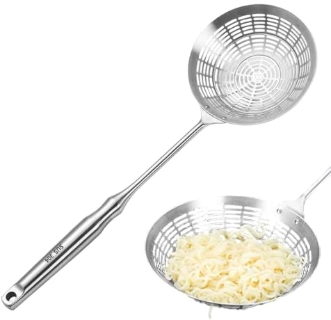 Cuchara con asa, espumadera de skimmer profunda con mango largo - cuchara de freír cuchara de pasta cuchara de araña, para fideos de pasta papas fritas albóndigas freír cocinar