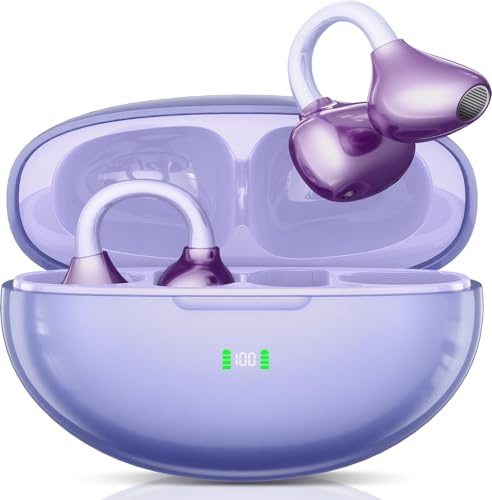 Clip-On Bluetooth Earbuds,Open-Ear Sports Headphones,Wireless bone conduction earphones,Innovative Earhook Design for Fitness,80 hours standby time, Secure Fit, Water and Dust Resistant (Purple)