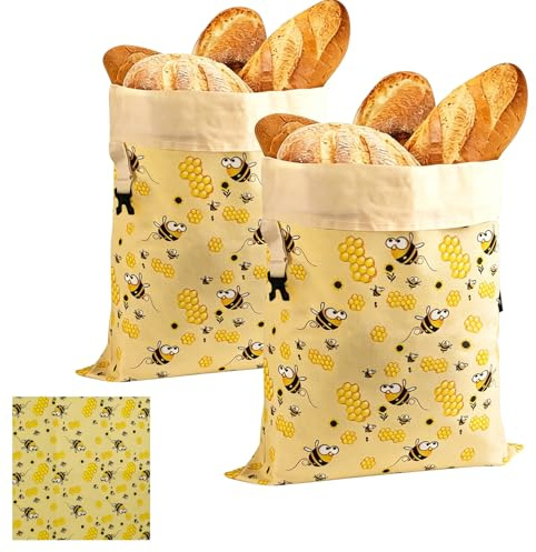 Hemoravoma 2 Pack Extra Large Beeswax Bread Bags, Reusable Cotton Linen Bread Storage for Sourdough & Artisan Loaves Natural Beeswax Lining Keeps Bread Fresh Longer Eco Friendly Kitch