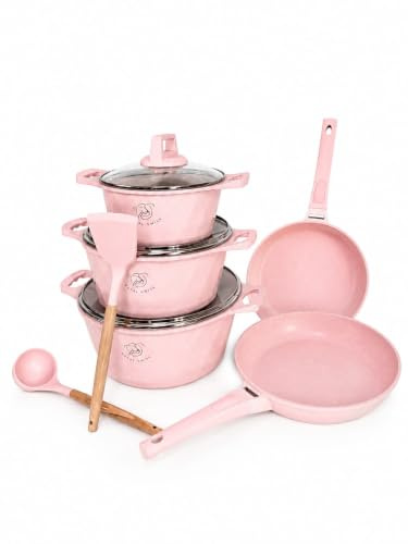 Batería de Cocina 11 Piezas Antiadherente Rosa | Juego de Ollas y Sartenes con Tapas de Vidrio | Compatible con Inducción, Gas y Vitrocerámica | Sin PFOA | Fácil Limpieza