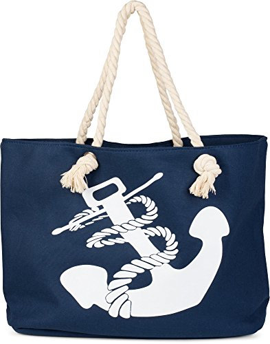 styleBREAKER XXL Strandtasche mit Anker Print | maritimer Look in Flechtoptik | Shopper Badetasche 57 x 33 x 32 cm, Farbe:Dunkelblau-Weiß
