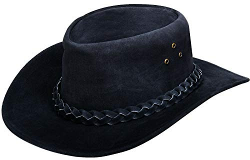 Infinity Leather Unisex Schwarze Leder Busch Safari Aussie Cowboyhute Stil Klassische Western Wildleder Outback Hut XL