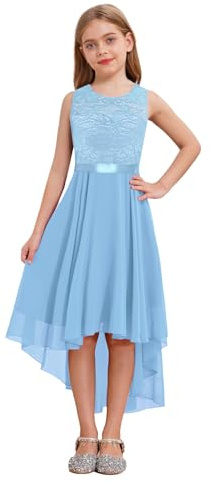 JEATHA Kids Girls Floral Lace High Low Wedding Party Flower Girls Dress Chiffon Birthday Dance Ball Gown Light Blue 9-10 Years