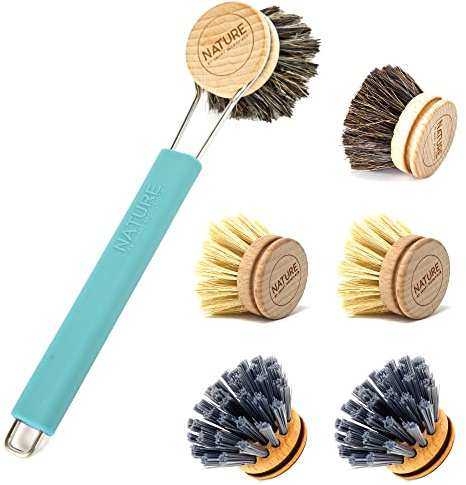 wilma nature XXL Set: Spülbürste + 6X Bürstenkopf | Halterung aus Edelstahl & Silikon, je 2X Rosshaar-, Kaktus- und Synthetikborstenkopf | austauschbar, nachhaltig: Farbe: Petrol