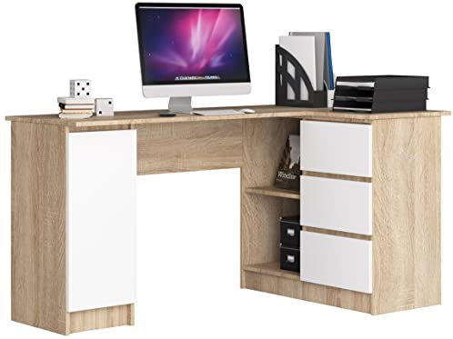 AKORD Eck-Schreibtisch B-20 mit 3 Schubladen, 2 Ablagen und einem Regalfach mit Tür | Schreibtisch | Eck Schreibtisch für Home Office | B155 x H77 x T85, 60 kg | Sonoma Eiche & Weiß Front