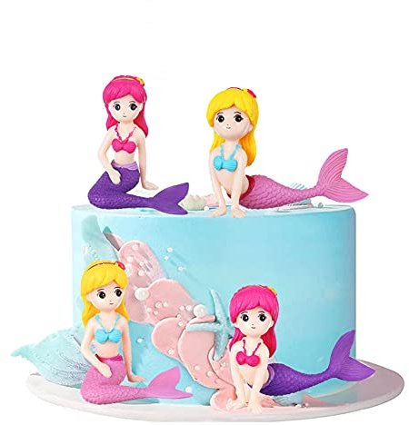 Morofme 4pcs Mermaid Cake Topper, Little Cute Mermaid Doll Figurines, Mermaid Birthday Cake Cupcake Topper Decorations for Kids Girls Mermaid Princess Under the Sea Theme Birthday Baby Shower Party