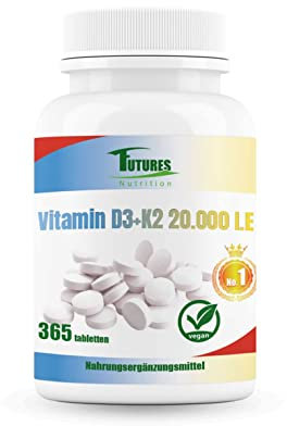 FUTURES NUTRITION 20000 I.E Vitamin D3 K2 Hochdosiert | Vegan | Beste Bioverfügbarkeit mit 99,7+% All-Trans Anteil | Nur 1 Tablette alle 20 Tage | Laborgeprüfte Reinheit | 365 Tabletten