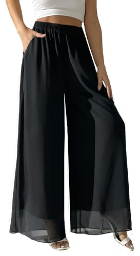 zsangbee Pantalones Palazzo de Gasa de Pierna Ancha para Mujer, Holgados, para Fiesta, Boda, Pantalones Casuales Elegantes, Negro -, X-Large