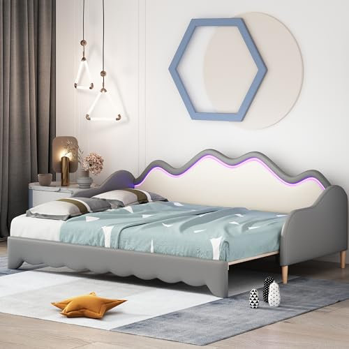 MQLAE Kinderbett Polsterbett 90/180190cm, 2-in-1 Multifunktions-Schlafsofa, Tagesbett Ausziehbar aus Kunstleder mit LED-Beleuchtung, Bett mit Lattenrost, ohne Matratze (Grau)