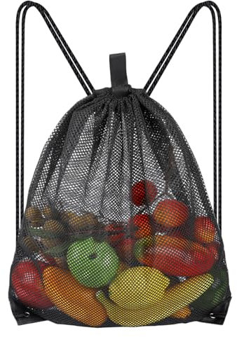 DIVINA VITAE Sac Filet Plage Sac Jouets Sable 1 Pièce Sac en Maille Noir Sac en Filet Sac Balle en Filet Sac Gym avec Cordon Serrage Ajustable pour Natation Voyage Gym