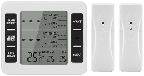 iFutniew 1Set Freezer Thermometer Wireless 2 Remote Sensors Alarm White Plastic Low Temperature Refrigerator Thermometer Clock