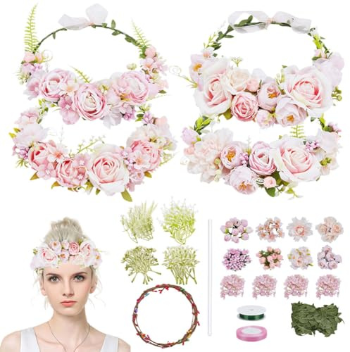 ORIGACH 99 Pcs DIY Blumenkranz Stirnband Set Haarreif Rosa Blumen Basteln Kit Selber Machen Blumengirlande Blumenkranz Haare Deko Für Hochzeit Geburtstag Party Urlaub