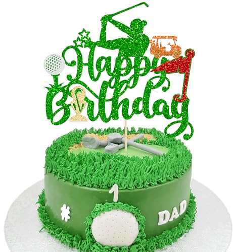 Gyufise 1Pc Golf Happy Birthday Cake Topper Glitter Golf Ball Player Cake Pick Decoration for Sports Golf Theme Men Birthday Party Cake Decorations Supplies Green