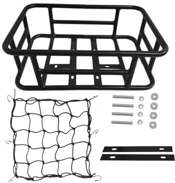 Bike Rear Basket Bike Cargo Rack with Cargo Net, Metal Rear Bicycle Basket Bike Rear Rack, Takeaways Carrier, Large Capacity Storage Basket Cargo Rack Bike Pannier for Cycling