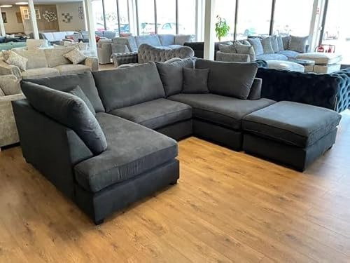 Rosemont Furniture - Cinema Sofa U Shape Sofa Living Room Corner Suite with Footstool Charcoal Fabric