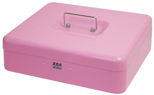 Caisse à monnaie en acier avec serrure à combinaison, petit organisateur d'argent métallique avec plateau amovible et couvercle verrouillable (rose, 30 x 24 x 9 cm)