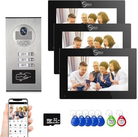 Verdrahtete Video-Sprechanlage für Wohnungen,1080P Video-Türklingel,6 Einheiten 7-Zoll-Touch-Monitor Video-Türsprechanlage für Innen und Außen, Bewegungserkennung,tuya (1 Türklingel + 3 Monitor)