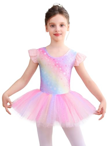 Bezioner Vestito Danza Bambina Tutu Danza Classica Bambina Body Danza con Tutu Abiti da Balletto Ragazze Manica Corta Multicolore 140 (8-10 Anni,130-140 cm)