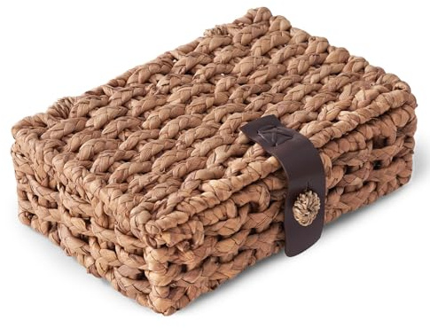 Decorative Box with Lid, Wicker Storage Basket, Water Hyacinth Woven Decorative box for Shelf, Coffee Table, Console Table, Home Decor