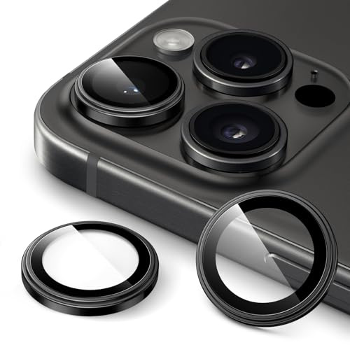 JETech Protecteur d'Objectif pour iPhone 15 Pro/15 Pro Max, Titane Noir | Protection Caméra, Verre Trempé 9H, Ajustement Invisible 1:1, Anneau Individuel en Métal, Transparent HD
