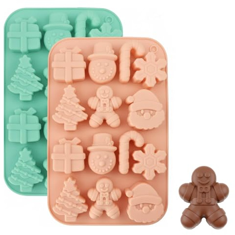 ARYIMYDP 2 pezzi stampo in silicone antiaderente, forma di omino di pan di zenzero, albero di Natale, Babbo Natale, calza di Natale, pupazzo di neve e campana, mini stampo in silicone per caramelle