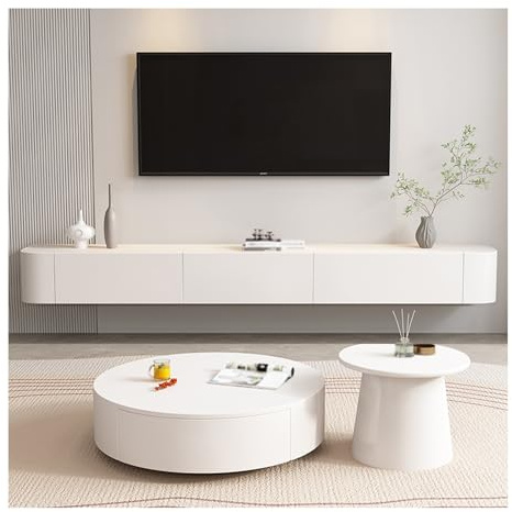 Elegante mobile TV sospeso da 180 cm, moderno centro di intrattenimento con cassetti, elegante console multimediale per soggiorno e camera da letto, design con ripiani bianchi
