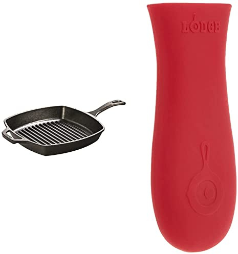 LODGE L8SGP3 26.6cm Pre-Seasoned Cast Iron Square Grill Pan/Fat-Free Fryer, Black Classic Silicone Hot Handle Holder, Red