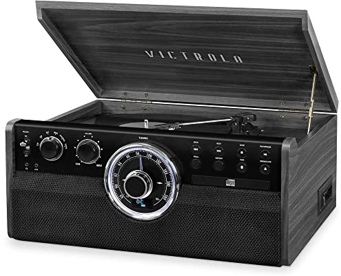 Victrola The Empire Mid-Century 6-in-1 Turntable & Multimedia Center with Built-in Speakers – 3 Speed, Bluetooth Connectivity, Radio, Cassette & CD Player, RCA Out, Headphone Jack (Grey)