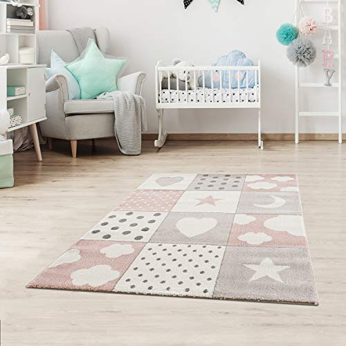 Jimri Kinderteppiche Patchwork Herz Sterne Wolke | Kinderteppich für Mädchen und Jungs | Teppich für Kinderzimmer | Schadstofffrei Kinderzimmerteppich - Rosa, 120x170 cm