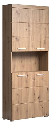 trendteam smart living - Amanda - Hochschrank - Eiche - Badezimmerschrank breit mit 4 höhenverstellbaren Einlegeböden - (BxHxT) 73 x 190 x 31 cm - 8 Fächer und eine große Ablage | B 73 x H 190 x T 31 cm · feuchtraumgeeignet · 4 Türen, 1 offenes Fach, 4 Einlegeböden · höhenverstellbare Einlegeböden