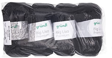 Gründl Big Lisa Premium Häkelgarn 4 Knäuel á 250 g, Schwarz | Häkelgarn mit wollartigem Charakter, pflegeleichtes Garn aus 100 % Polyacryl, 250 g / 665 m, Nadelstärke: 3,5 - 4,5