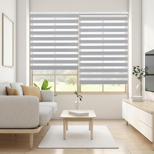 Blindecor Lira doppelrollo - duo rollo tag und nacht Silbergrau - 80 x 180 cm (Breite x Länge) | Stoffgröße 77 x 175 cm | Fensterrollo zebra