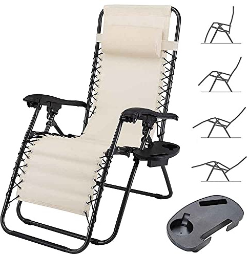 BAKAJI Sedia gravità Zero Sdraio da Giardino Poltrona Relax Pieghevole Salvaspazio con Vassoio Tubolari Acciaio 22mm Reclinabile Tessuto in Texilene Traspirante Terrazzo Piscina Esterno (Beige)