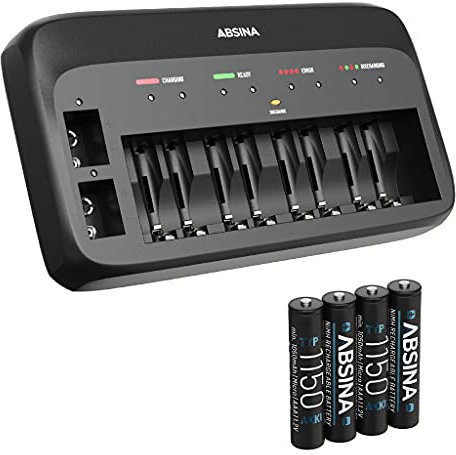 ABSINA Caricabatterie pile ricaricabili AA AAA e 9V + 4x AAA 1150 Pile - Caricabatterie NiMH 10 Slot per batterie ricaricabili - Carica pile ricaricabili AAA AA e 9V - Caricabatterie AA AAA