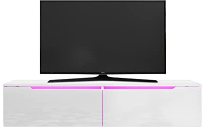 SONNI TV Board mit LED (16 Farben), Hängend/Stehend, Weiß, 140x35x30cm | Fernsehtisch Hochglanz für Fernseher bis zu 55 Zoll, Lowboard mit 2 Klapptürfach, TV-Regal für Wohnzimmer, Schlafzimmer