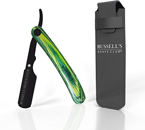 Russell's Shave Club® Professional Straight Edge Cut Throat Razor - Travel Pouch Included (Green wooden handle)