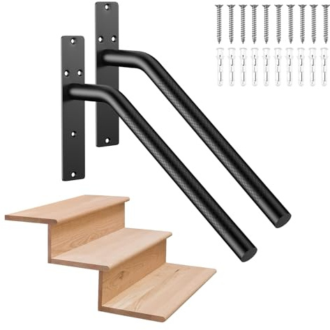 2 Pack 16 Inch Stair Handrails for 1-3 Steps, Munzong Black Stainless Steel Hand Rail for Stairs, Wall Mounted Knurled Safety Grab Bar for Outdoor Garage Entry Interior Exterior Stairway- 1.25” Tube