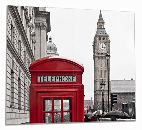 Wallario Herdabdeckplatte/Spritzschutz aus Glas, 2-teilig, 60x52cm, für Ceran- und Induktionsherde, Rote Telefonzelle in London England mit Big Ben