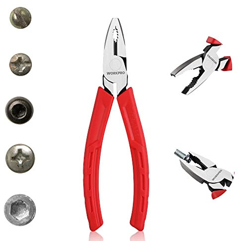 WORKPRO Combination Pliers 165 mm, Multifunction Plier with Wire Cutting and Screw Extractor, Cr-V Linesman Pliers for Quickly Removing Damaged or Rusted Fasteners
