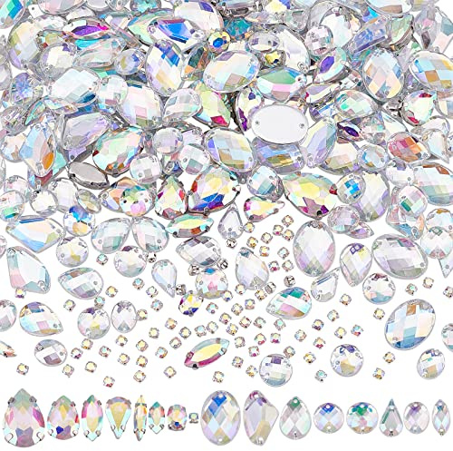 PandaHall 362 Stück Strasssteine Zum Aufnähen 16 Stile Acryl Nähkristalle Gemischte Form Flache Rückseite Edelsteine Facettierter Glas Strassstein Mit Löchern Für Heimwerker Kunsthandwerk Kleidung