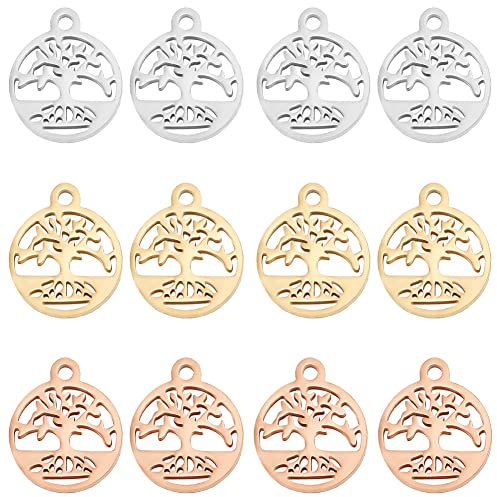 DICOSMETIC 12Pcs 3 Colori Ciondoli Albero Rotondo Ciondoli Albero della Vita Ciondoli per Piante in Metallo Acciaio Inossidabile Cava Spessa Intagliare Ciondoli Albero per Creazione di Gioielli