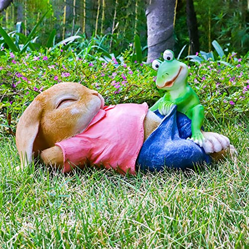 Syfunlv Deko Hasen für draußen,Groß Frosch Figur,25.5 x13x13.5cm Kaninchen mit Frosch Garten Statue Lustig Skulptur für Balkon, Am Teich, Grün Gartenfiguren ZubehöR Rasendekoration
