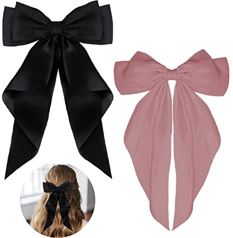 ZEVONDA Haarschleifen Clips - Haarspangen mit Großer Schleife Einfarbige Haarnadel mit Schleife Haarspangen Accessoires für Mädchen Frauen, Schwarz + Rosa (2PCS)