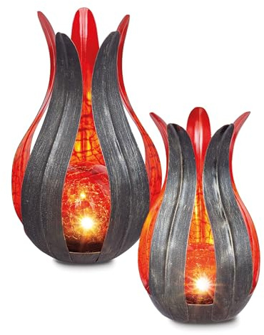 Esotec Blumen Solarleuchte Lilie, 2er Set, rot, 12+15cm, Crackle Bruchglas Solarkugel, Akku, Solarmodul, Dekoleuchte, Blumenleuchte, Gartenleuchte, metall, außen, wetterfest, outdoor 103111