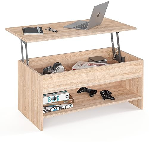 KOMTO Couchtisch Höhenverstellbar - Wohnzimmertisch mit Stauraum Aufklappbar Sofatisch für Wohnzimmer Kaffeetisch Stubentisch Sonoma Eiche | Coffe Table Tokyo 98,4 x 50,4 x 48