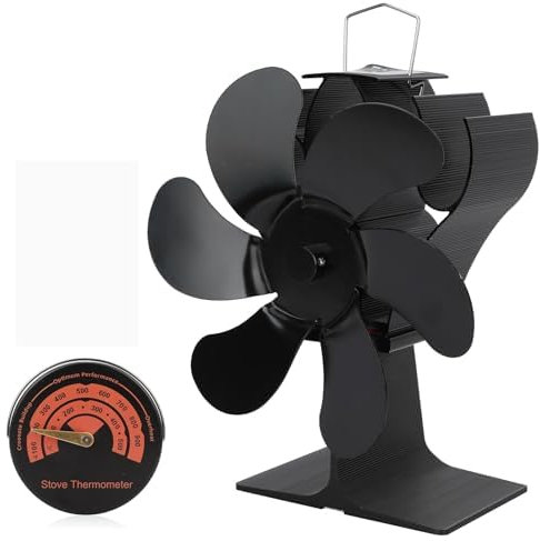 Somerway Kaminventilator aus eloxiertem Aluminium, 1400 U/min, Mini-Feuerventilator mit magnetischem Thermometer, für Holzöfen, Gasheizungen, Pelletöfen (schwarz)