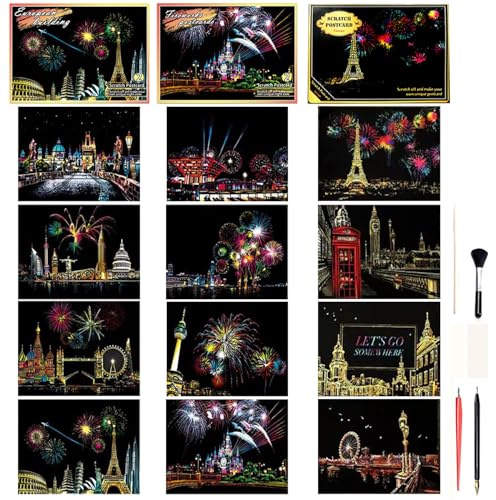 Georgie Porgy Kratzbilder Set DIY Bastelsets für Erwachsene Kinder Magic Rainbow Kratzpapier Postkarte für Weihnachten Geburtstagsgeschenk (A5 Postkarte-Europäisch+Feuerwerk+Architektur)