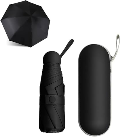 dogmoon ReiseRegenschirm, 8 Ribs Falten Reise Regenschirm mit Kapsel, Mini UV Faltend, Sonne UV Schutz Taschenschirm für Männer und Frauen(Schwarz)
